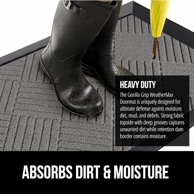 GORILLA GRIP 100% Waterproof All-Season WeatherMax Doormat US Designed Natural Rubber, Stain and Fade Resistant, Low Profile Indoor Outdoor Door Mats, Easy Clean Patio Mat, 17x29, Steel Diamond-Ruum Studio Home
