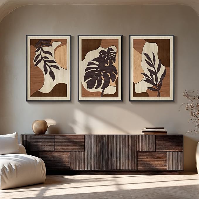 Framed Textured Wood 3D Wall Art for Living Room, Large Boho Tropical Brown Artwork for Walls, 3 Piece Farmhouse Botanical Leaf Wood 3D Textured Wall Art Decor for Office Bedroom Hallway, 24x36 Inch-Ruum Studio Home