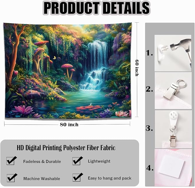 keowhsf Forest Waterfall Tapestry with Mushrooms and Flowers – Colorful Floral Plants Natural Landscape Wall Art, Fantasy Aesthetic Wall Hanging for Bedroom Decor-Ruum Studio Home