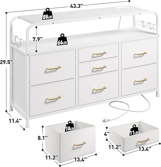 TV Stand for Bedroom with LED Lights & Charging Station, 7 Drawer with Open Shelf, Media Console for Living Room & Chest of Drawers for Closet, Entryway, Hallway, 4 Hooks, White-Ruum Studio Home