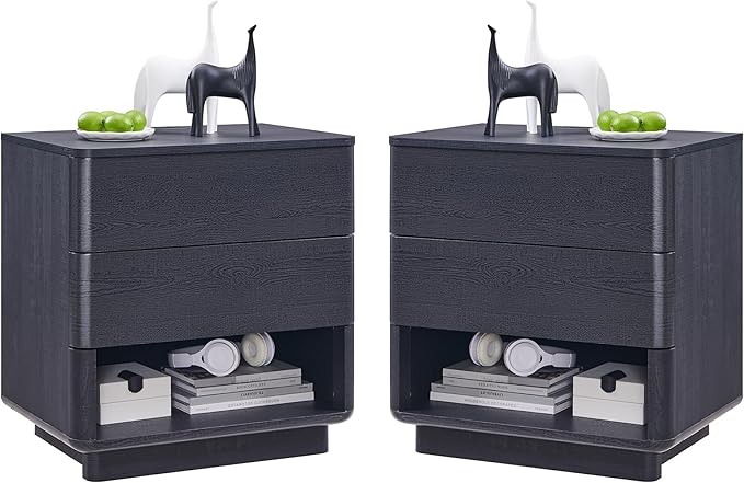 Nightstand Set of 2 with Charging Station, 22" Large Modern Bedside Table with 2 Drawers Storage,Push-to-Open End Table for Bedroom,Living Room,Black-Ruum Studio Home