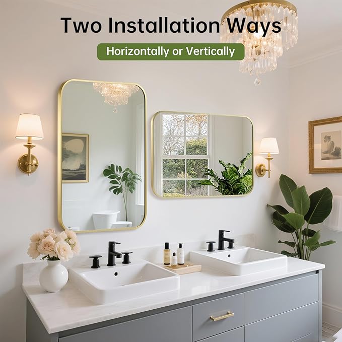 FARMER 16x24 Inch Gold Bathroom Mirror, Rectangle Vanity Mirror, Brushed Mirrors for Wall, Metal Frame Hanging Mirror with Round Corner for Bedrooms, Entryways, Living Rooms, Horizontal/Vertical-Ruum Studio Home