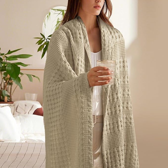 PHF 100% Cotton Waffle Weave Throw Blanket, Soft Lightweight Breathable Cozy Summer Throws for Couch Bed Sofa, Luxury Aesthetic Woven Blanket for Home Decor & Office, 50"x60", Khaki-Ruum Studio Home