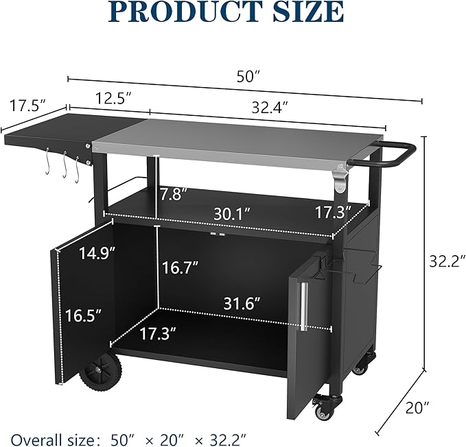 JY QAQA Outdoor Grill Cart with Storage,Patio Kitchen Island Outdoor Grill Table with Wheels,BBQ Cart Movable Pizza Oven Table Stand, Storage Cabinet, Foldable Tabletop, Black-Ruum Studio Home
