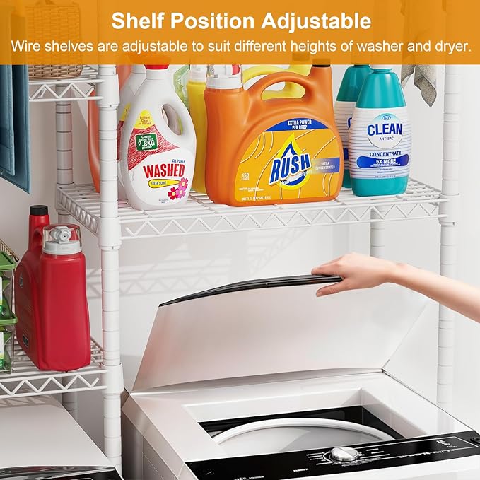 U14 Over Washer and Dryer Storage Shelves, 4 Tiers Laundry Room Storage and Organizer System, Space Saving Clothes Drying Rack with 2 Clothes Hanger Rods, 66.5" W x 20.5" D x 77.4" H, White-Ruum Studio Home