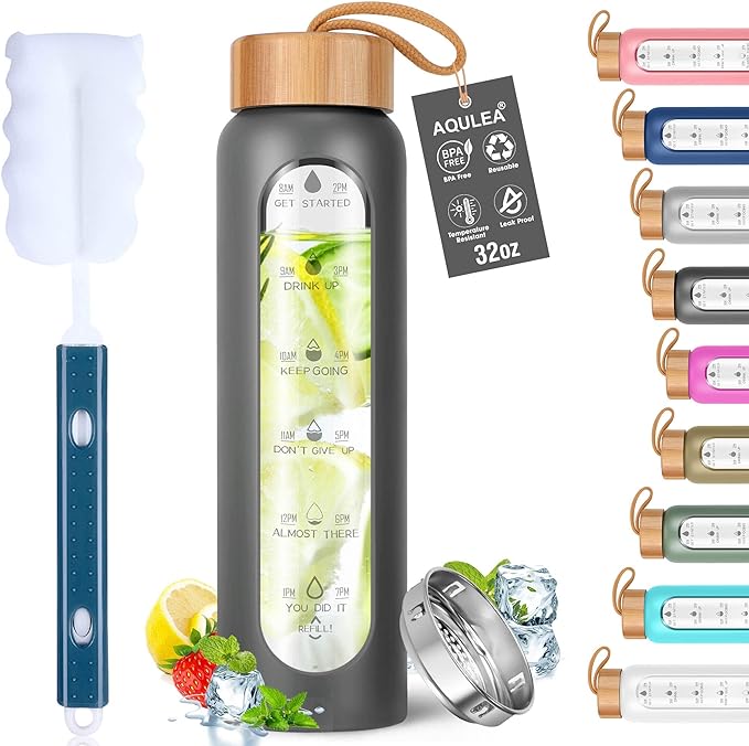 Aqulea Glass Water Bottles with Silicone Sleeve - BPA Free Reusable Wide Mouth Glass Motivational Water Bottles with Fruit Infuser – Leak Proof Borosilicate Water Bottle with Time Marker-Ruum Studio Home