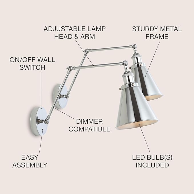 JONATHAN Y JYL7460A-SET2 Rover 7" Farmhouse Industrial Adjustable Arm Metal LED Wall Sconce Rustic Bohemian 2700K LED 4W Bulb for Entryway Lobby Kitchen Bathroom Bedroom Hallway, Chrome (Set of 2)-Ruum Studio Home