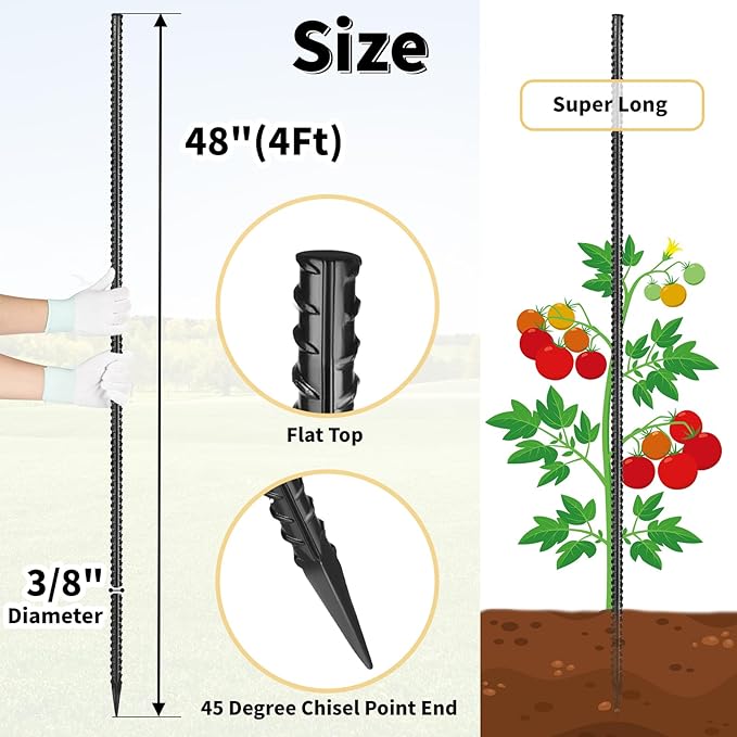 Rebar Stakes 48 inches 16-Pack Concrete Form Stakes Straight 3/8" Diameter Rebar Ground Metal Stakes for Landscaping, Securing Fence, Garden Plants Support, Survey Markers and Securing Trees-Ruum Studio Home