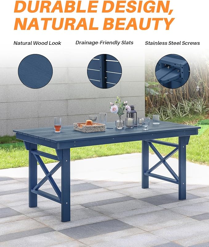HDPE Outdoor Dining Table, 66.9” Rectangle Patio Dining Table for 6, All-Weather HDPE Outdoor Table with 2.2” Umbrella Hole, HDPE Patio Furniture for Deck, Backyard, Garden, Pool, Navy-Ruum Studio Home