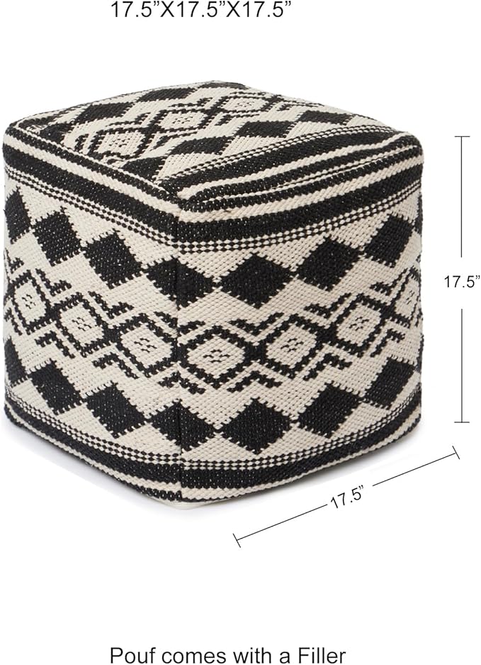 REDEARTH · Tufted Pouf Ottoman with Filler Textured Storage Cube Bean Bag Pouffe Footrest for Living Room, Bedroom, Nursery, Kidsroom; 100% Cotton (17.5"X17.5"X17.5", Linear Diamond Black)-Ruum Studio Home