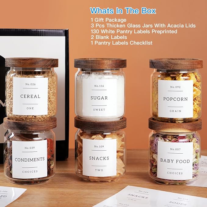 6 Set Glass Pantry Storage Jars with Acacia Airtight Lid - 15oz Thicken Glass Kitchen Canisters with 132 Pantry Labels - Clear Glass Food Storage Containers with Wood Lid for Tea,Sugar,Spice,herbs-Ruum Studio Home