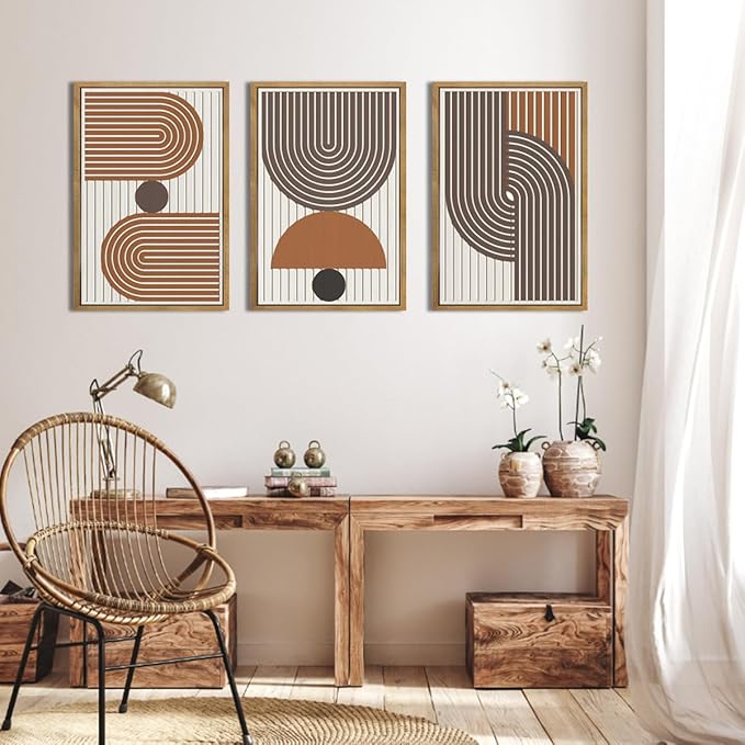 Mid Century Boho Modern Wall Art Set Abstract Geometric Wooden Wall Decor Minimalist Line Neutral Artwork Mid Century Wood Art Decor for Living Room Bedroom Office-16x24Inch x3-Ruum Studio Home