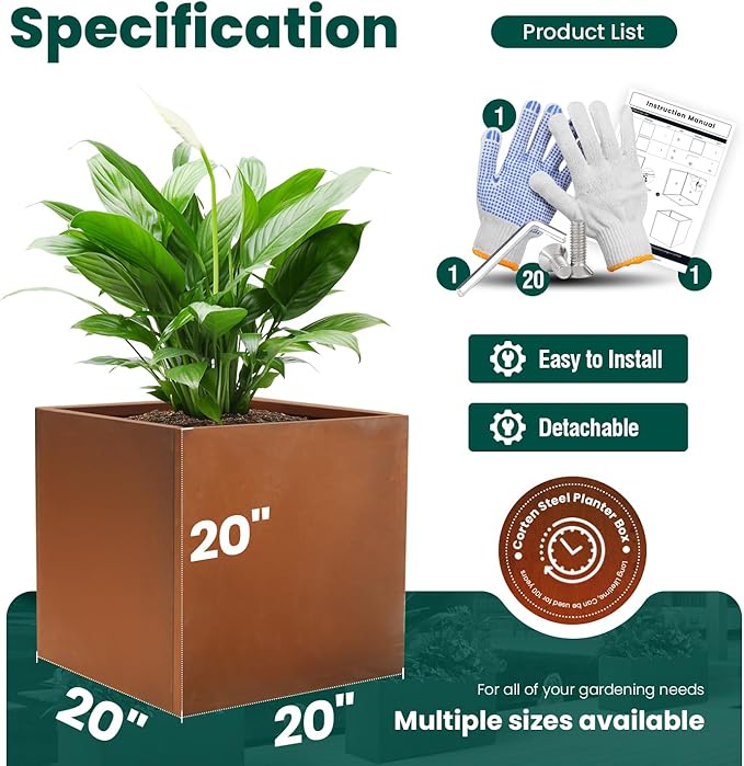 Corten Steel Planter Box Outdoor Planter Metal Square Large Steel Flower Pot Rustic Cube Patina Tall Plant 20 Inch Durable Antique for Commercial Residential Patio Deck Yard Garden-Ruum Studio Home