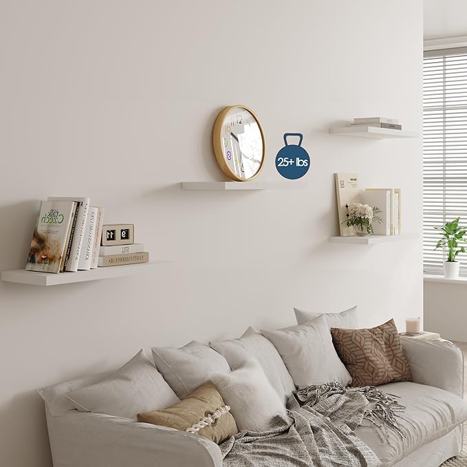 Wall Shelf Set of 2, White Floating Shelves 36 in W x 10 in D x 1 in H, Wooden Floating Wall Shelf with Invisible Brackets for Living Room/Bedroom/Bathroom/Kitchen Storage and Decor-Ruum Studio Home