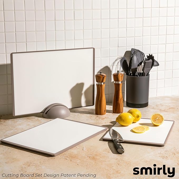 SMIRLY Plastic Cutting Board Set with Holder 3 Pieces, Non-Slip Dishwasher Safe Chopping Boards for Kitchen, Grey & White-Ruum Studio Home