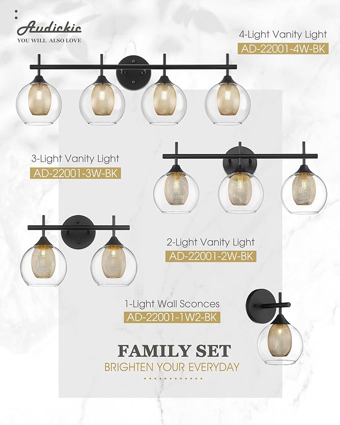 Bathroom Light Fixtures, 4-Light Black and Gold Vanity Lights Over Mirror, 30inch Farmhouse Wall Sconce Lighting with Clear Glass and Honeycomb Metal Shade, AD-22001-4W-BK-Ruum Studio Home