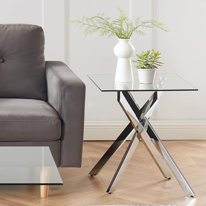 Modern Style Square Side Table with Tempered Glass Top and Metal Tubular Legs, Silver 20”Dx20”Wx22”H-Ruum Studio Home