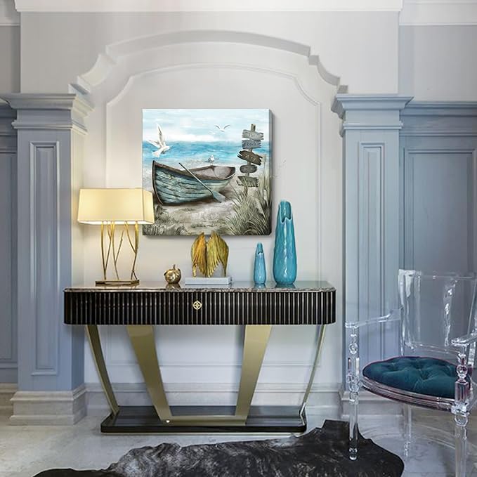 Canvas Wall Art Beach Décor Wall Picture Rustic Coastal Sand Canvas Print Ocean Nautical Painting Seascape Sea Bird Vintage Ship Boat Artwork for Seaside Living Room Bedroom Bathroom Decor Blue Large-Ruum Studio Home