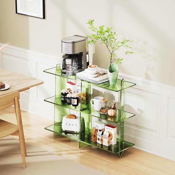 Acrylic Bookshelf, Small 3 Tier Open Bookcase for Small Spaces,Sofa Table, Hallway Entry Table for Home Living Room (Green, 39.4'' x 11.8'' x 31.5'')-Ruum Studio Home