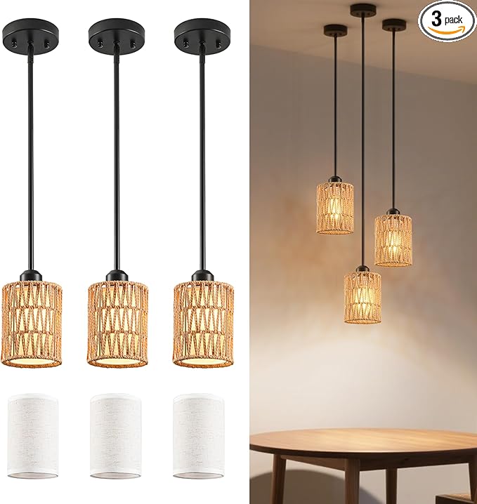 Pendant Light Boho Hanging Lamp - Rattan & Linen 2-in-1 Shade, Adjustable Hanging Lights Fixture for Kitchen Island, Dining Room, Farmhouse, Bedroom (3 Pack)-Ruum Studio Home