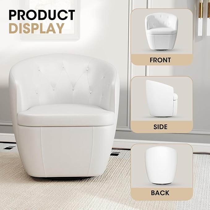360° Swivel Leather Accent Chair, Modern Barrel Club Chair with Leather Upholstery and Sturdy Base, Comfortable Armchair for Living Room, Bedroom, Reading Nook, White-Ruum Studio Home