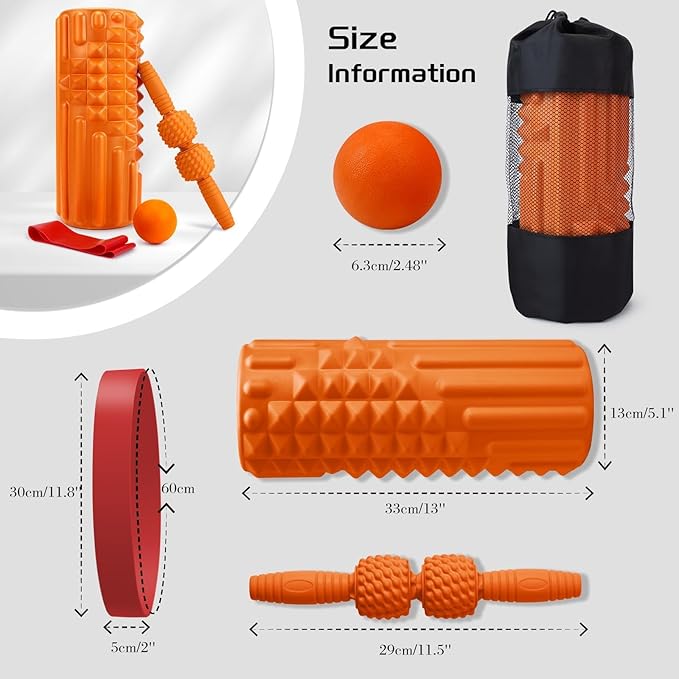 5-in-1 Foam Roller Set, Massage Roller Stick, Massage Ball, Resistance Band for Deep Muscle Massage, Trigger Point Release, Pilates, Yoga (Orange)-Ruum Studio Home