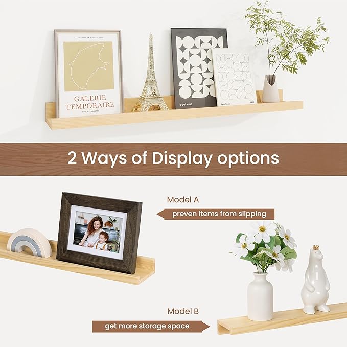 Picture Ledge Shelf, Solid Pine Wood Floating Shelves Set of 2, 24 Inches Nursery Book Shelves for Toys Storage, Kids Bookshelf Wall Mounted for Living Room Decor Photo Frames, Unfinished Natural-Ruum Studio Home