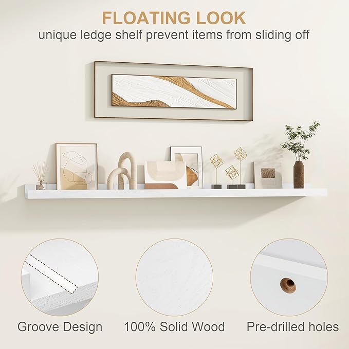Floating Picture Ledge Shelves 55 Inch Solid Oak Wood Set of 2, Rustic Wall Storage Shelves with Lip, Kids Bookshelf, Photo & Picture Ledge Shelves for Bedroom, Living Room, Kitchen-Ruum Studio Home