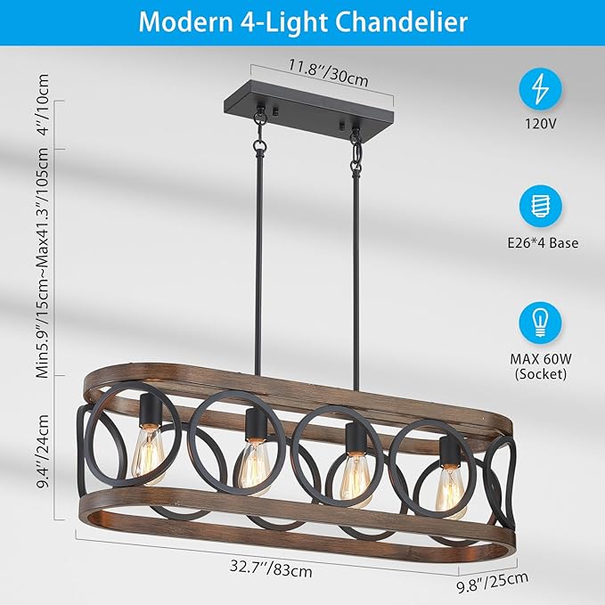 XINGQI Rectangular Linear Kitchen Island Chandeliers Over Table 32.7" Black Pendant Lighting Fixtures Farmhouse 4-Light for Dining Room Bar Office Coffee Shop, Black Wood Grain-Ruum Studio Home