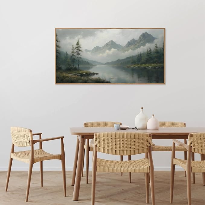 SIGNINART Large Misty Mountain Framed Canvas Wall Art, Green Forest River Scenery Wall Decor, Modern Foggy Wooden Landscape Artwork, Oil Style Nature Art Print for Living Room Bedroom Office 20"x40"-Ruum Studio Home