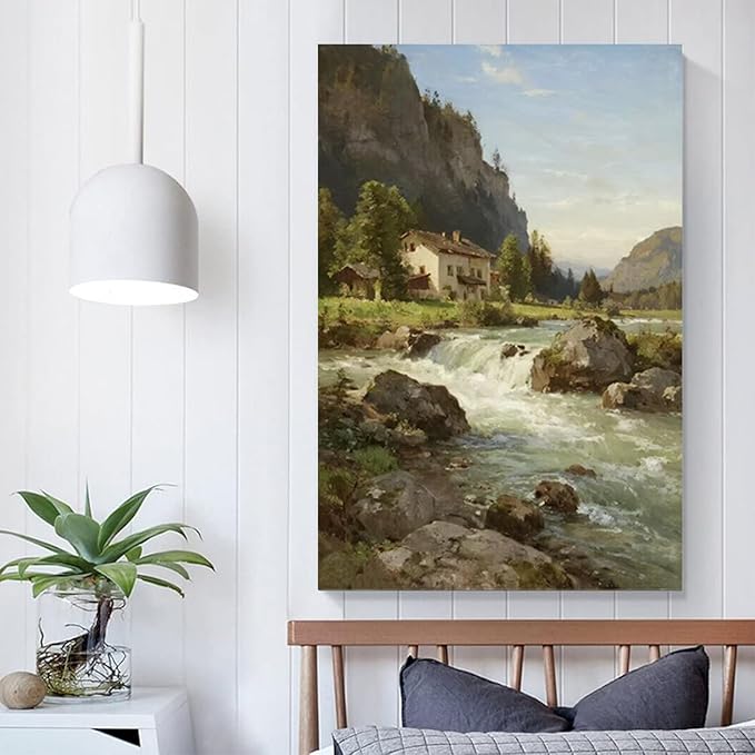 Vintage landscape rural scenery poster art farmhouse cottage wall decor living room kitchen quiet country stream suitable for bedroom bathroom-Ruum Studio Home