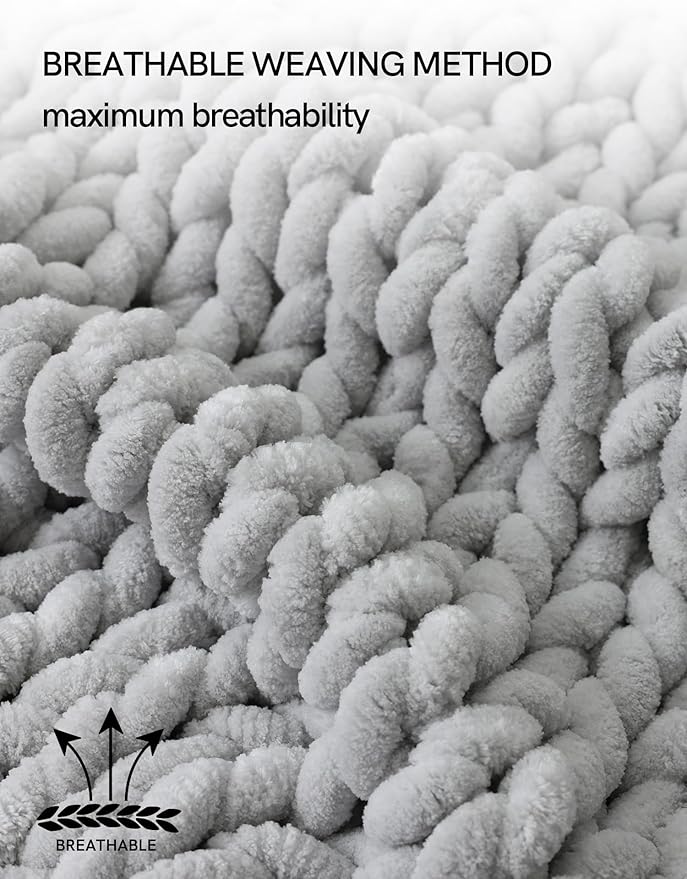 YnM Chunky Throw Blanket, Hand Knitted with Chenille Yarn, Skin Friendly, Ventilated and Breathable, Machine Washable, Home Décor Piece for Couch, Sofa and Bed (Glacier Grey, 50x60 Inch)-Ruum Studio Home