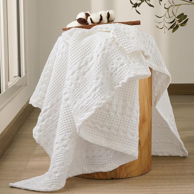 PHF 100% Cotton Waffle Weave Throw Blanket, Soft Lightweight Breathable Cozy Summer Throws for Couch Bed Sofa, Luxury Aesthetic Woven Blanket for Home Decor & Office, 50"x60", White-Ruum Studio Home