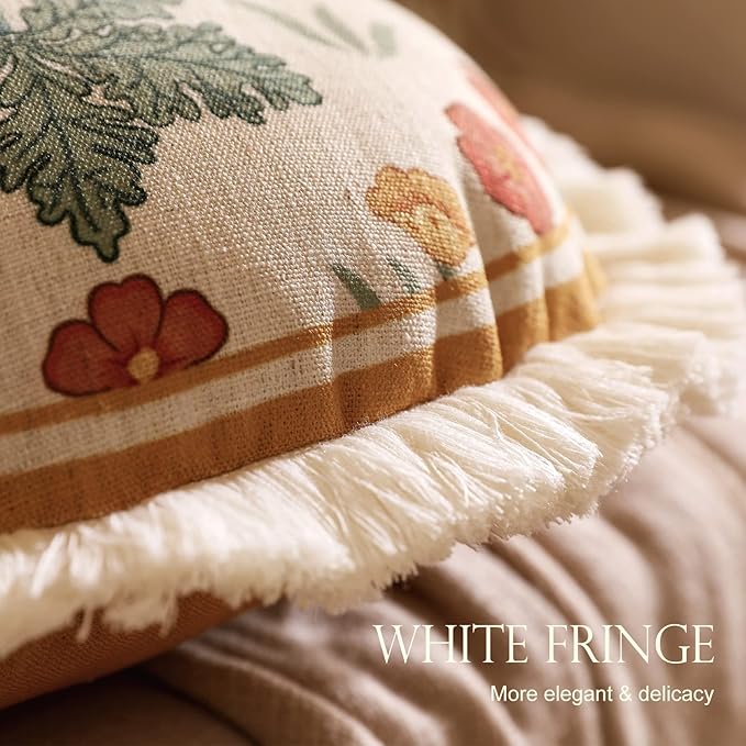patdrea Designer Pack of 4 Throw Pillow Covers,Beige Vintage French Soft Linen Pillows Cover with Daisy Floral Pattern,Vintage Square Farmhouse Decorative Pillowcase for Couch,Bed,Living Room-Ruum Studio Home