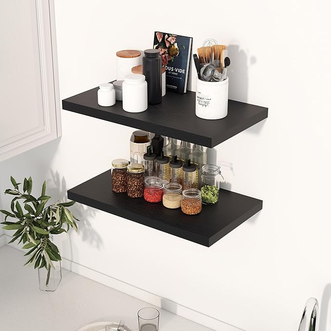 24" Floating Shelves for Wall, 12" Deep Slim Black Floating Shelves, Wall-Mounted Shelves for Bedroom, Living Room, Kitchen, Bathroom - Set of 2-Ruum Studio Home