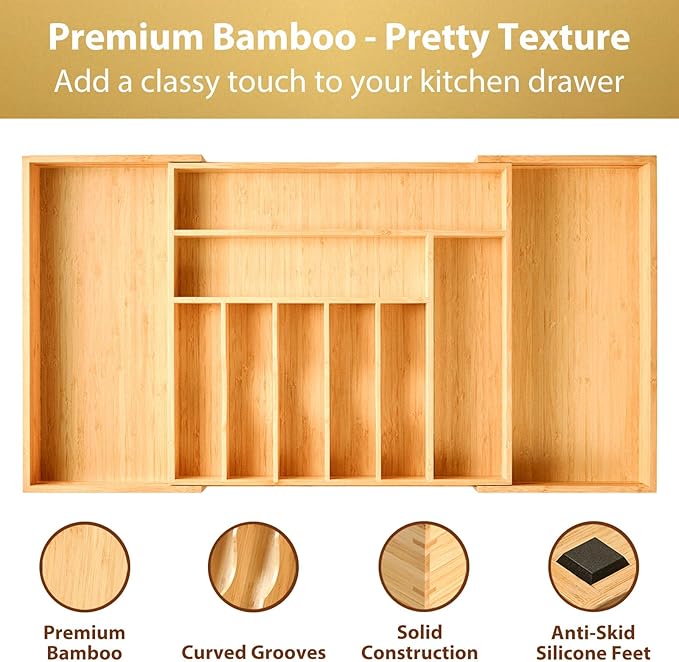 Umilife Extra Large Expandable Kitchen Siverware Utensils Drawer Organizer, 19" Deep for Big Drawer, Adjustable Bamboo Wood Drawer Divider with Curved Grooves, Cutlery Tray Flatware Holder-Ruum Studio Home