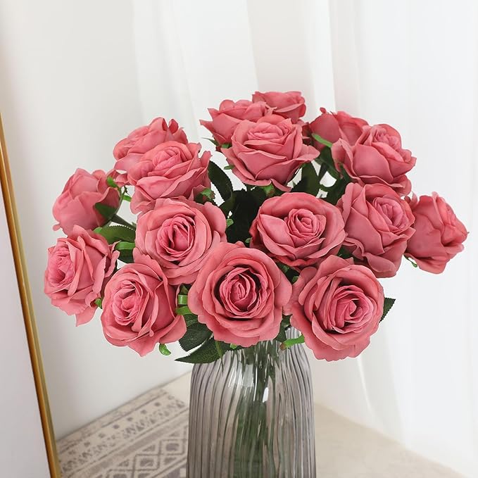 Pink Fake Roses Artificial Flowers - 16 Pcs Fake Artificial Roses Silk Flowers with Stems for Home Wedding Hotel Office Centerpiece Decor（Coral Pink）-Ruum Studio Home