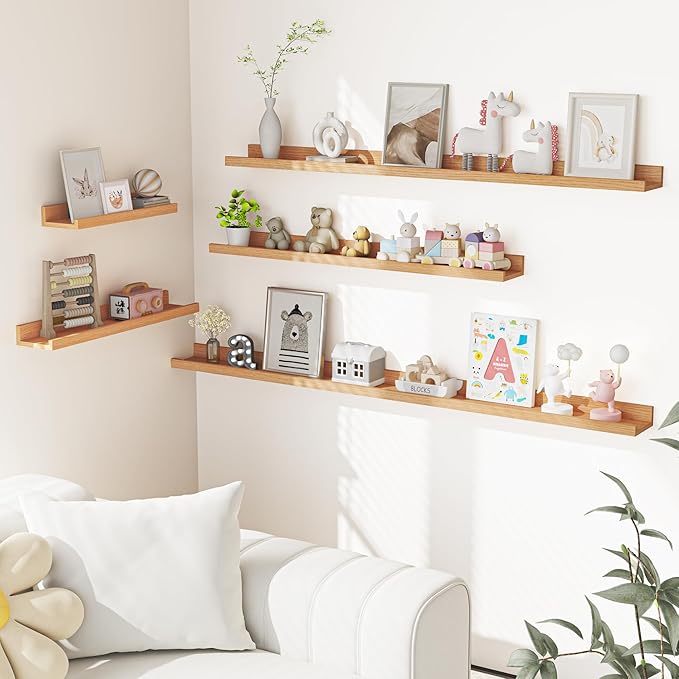 Heimlove Picture Ledge Shelf, Small Floating Shelves Set of 2, 16 Inches Picture Shelf for Wall with Ledge, Kids Bookshelf Wall Mounted for Living Room Bedroom Decor Books Photo Frames, Oak-Ruum Studio Home