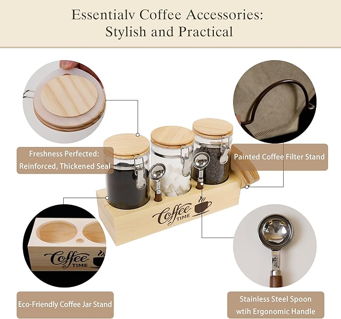 Glass Coffee Canister Set with Shelf & Spoons 3 Piece Coffee Containers for Ground Coffee Coffee Bean Storage Airtight Seal, Coffee Bar Coffee Filter Holder for Kitchen Organization-Ruum Studio Home