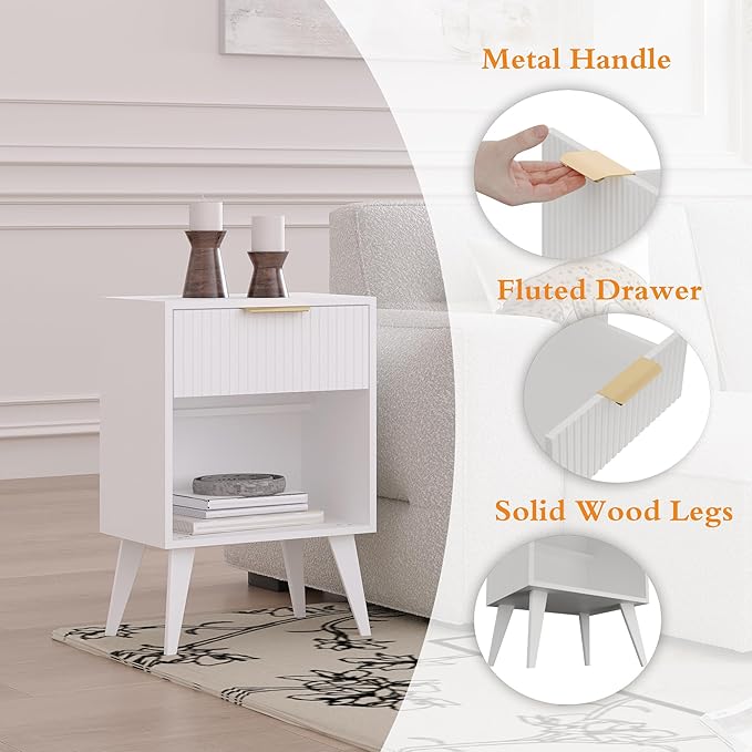 Fluted Night Stand with Opening Storage,Mid Century Bedside Table with Drawer,Modern Nightstand with Solid Wood Legs,End Table Side Table for Living Room,Bedroom,White CTG56W-Ruum Studio Home