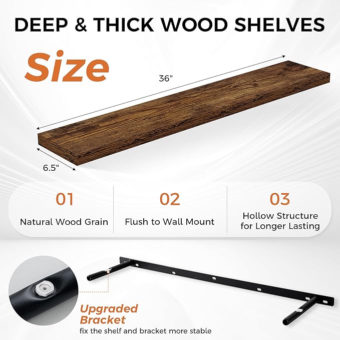 36Inch Floating Shelves for Wall 2 Pack Wood Shelves for Kitchen, Bathroom, Bedroom Wall Mounted Rustic Wood Floating Shelf with Invisible Brackets for Books, Storage, Decor, Rustic Brown-Ruum Studio Home