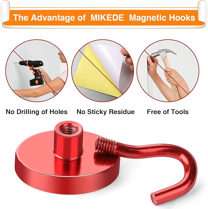 MIKEDE Strong Magnetic Hooks, 110Lbs Heavy Duty Magnetic Hooks for Cruise, Neodymium Earth Magnets with Hooks for Hanging, Super Metal Magnetic Hanger for Grill, Storage (Red,10 Pack)-Ruum Studio Home