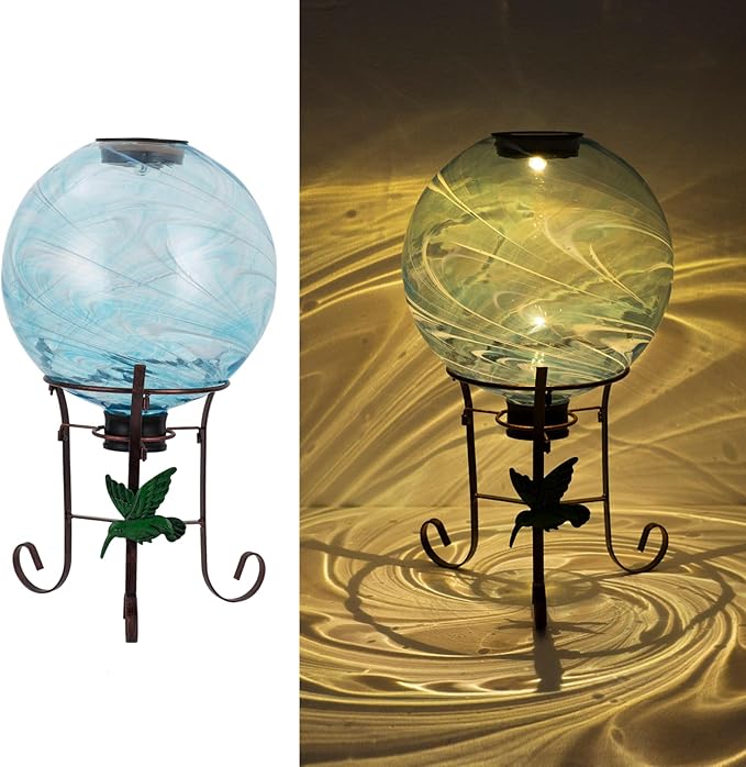 10 Inch Solar Glass Gazing Ball, with 9.4" Tall Metal Gazing Globe Stand, Solar Ball Lights Display Holder Set for Outdoor Garden Lawn Yard Decoration, Blue Water Ripple-Ruum Studio Home