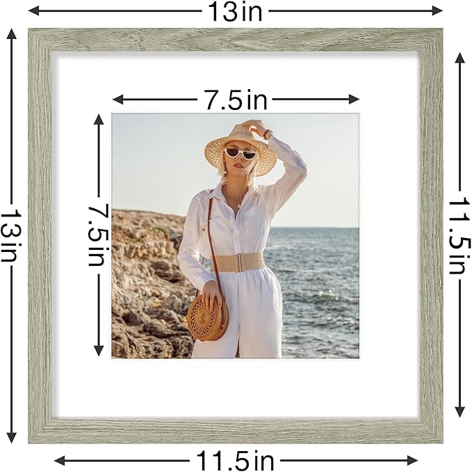 Vittanly 12x12 Picture Frames Set of 9, Shatter Resistant Plexiglass, Display 8x8 Pictures with Mat or 12x12 without Mat, Photo Frames for Wall Mount, Engineered Wood, Driftwood-Ruum Studio Home