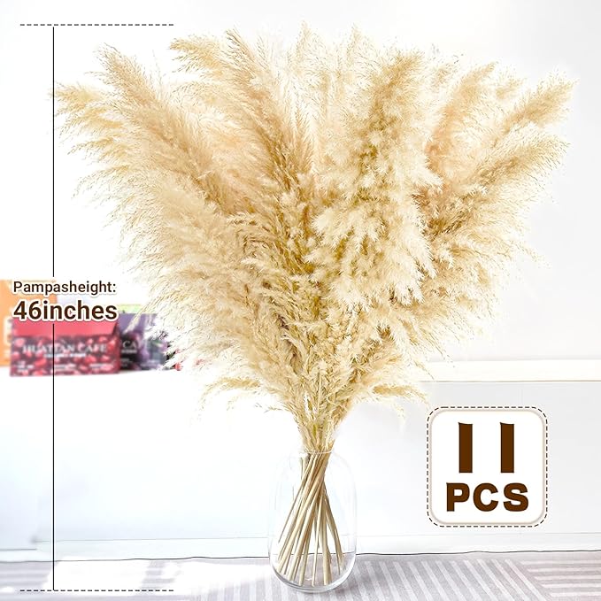 46" inch 11 Stems Natural Pampas Grass Tall Decor,Pompas Grass,Large Beige Tall Pampas Grass for Floor Vase,Wedding Decorations,Party,Boho Home Decor,and Creating a Boho Ambiance-Ruum Studio Home