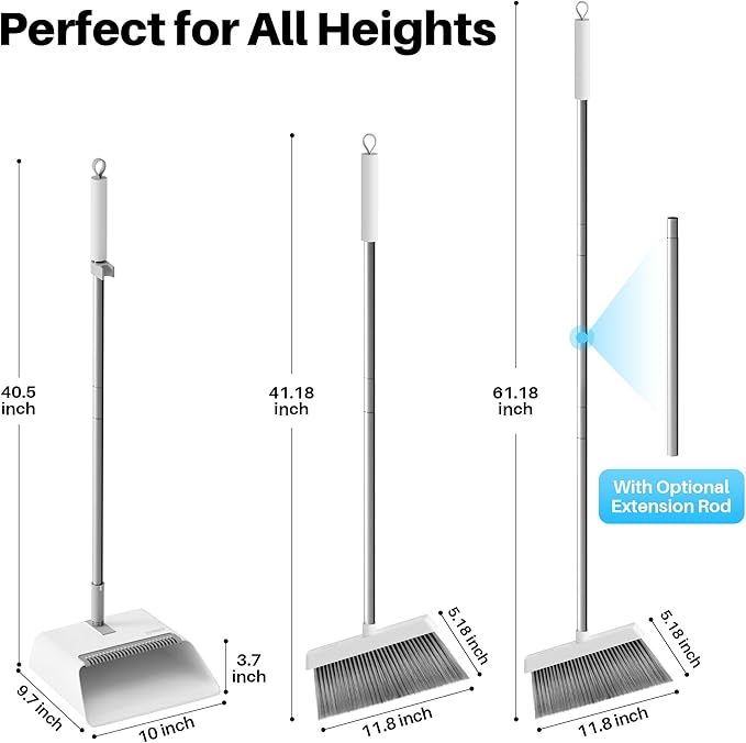 JOYMOOP 2 Pack Broom and Dustpan Set, Black and White Combo, Upright Angle with Built-in Comb Teeth for Pet Hair and Hard Floors-Ruum Studio Home
