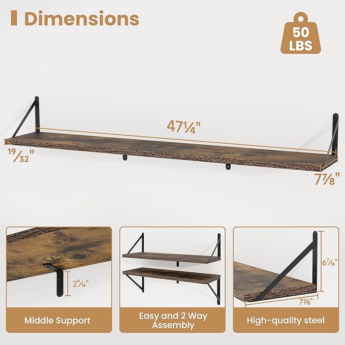 Heimlove 48 Inch Large Floating Bookshelves Set of 3,Rustic Brown Wood Wall Mounted Bookshelves,Heavy Duty Shelves for Living Room,Bedroom,Kitchen,Laundry Room Storage & Decor-Ruum Studio Home