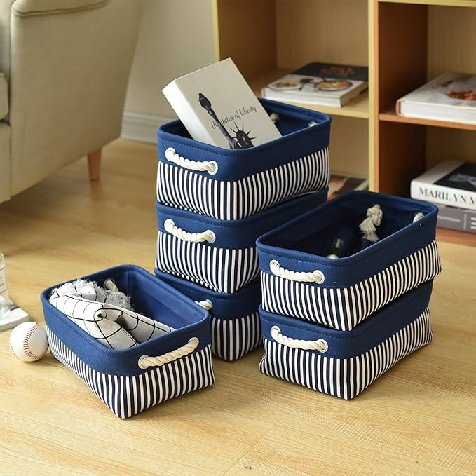 TcaFmac Small Storage Baskets [6 Pack] - Navy Blue Rectangular Storage Bins with Blue Stripes-Ruum Studio Home