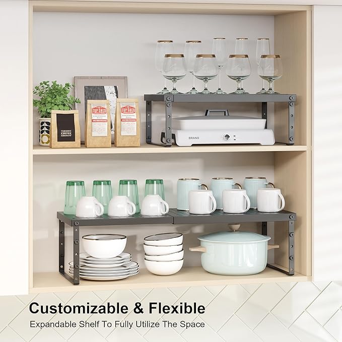 Expandable Cabinet Organizer Shelf With Adjustable Height, Stackable Kitchen Countertop Organizer Rack, Adjustable Shelf Riser For Kitchen Counter, Pantry, Cupboard, Desk, Tabletop-Ruum Studio Home