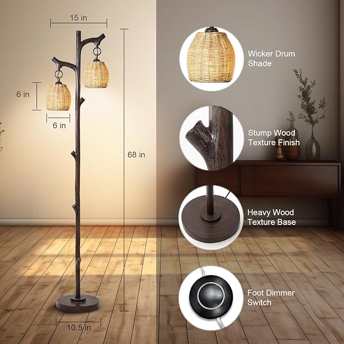 68" High Farmhouse Rustic Country Cottage Floor Lamp Tree Trunk Faux Wood Column Dark Bronze Wicker Drum Shade Decor for Living Room Bedroom Reading Room-Ruum Studio Home